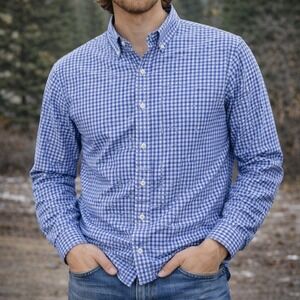 IZOD Mens Blue Gingham Non-Iron Stretchy Business Casual Button Down Shirt